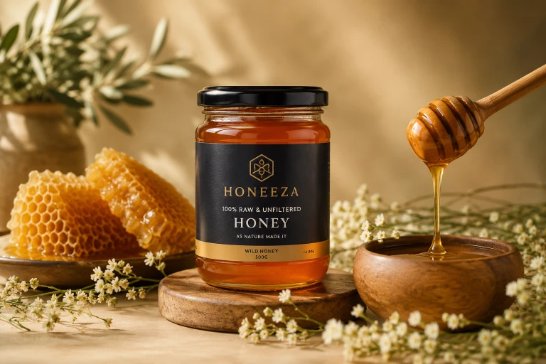 Honeeza honey jar closeup